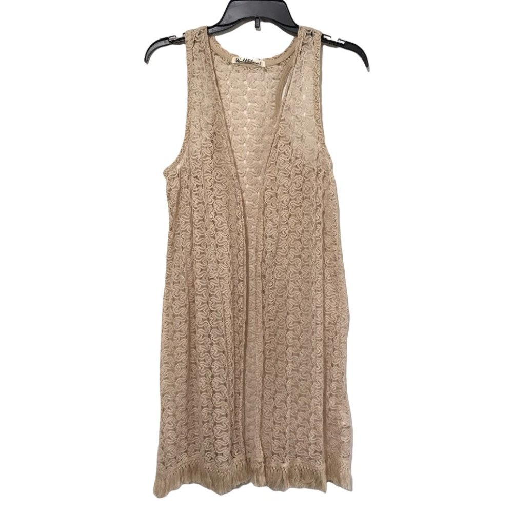 Wall Flower Knitted Long Cardigan Vest, Sleeveless Lace, Beige, Large